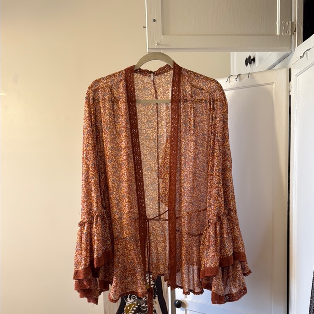 Free People Floral Kimono Wrap - Rust and White